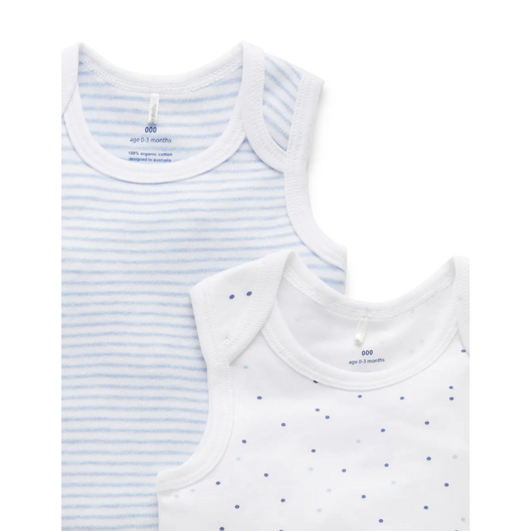Purebaby 2 Pack Organic Singlet Bodysuit - Pale Blue Pack (Stripe / Polka Dot)