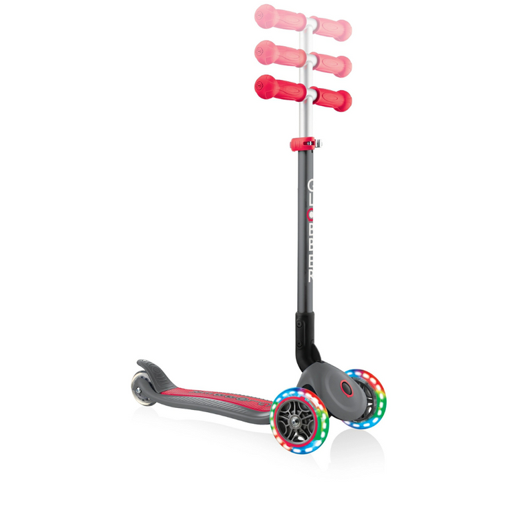 Globber 432-120-2 Primo Foldable Lights Scooter For Kids Age 3+ Up To 50Kg - Grey Red with Anodized T-bar