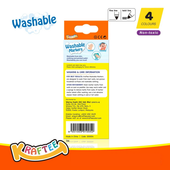 Kraftee 4CT Washable Markers - Travel Pack For Kid Art Creativity - Non Toxic