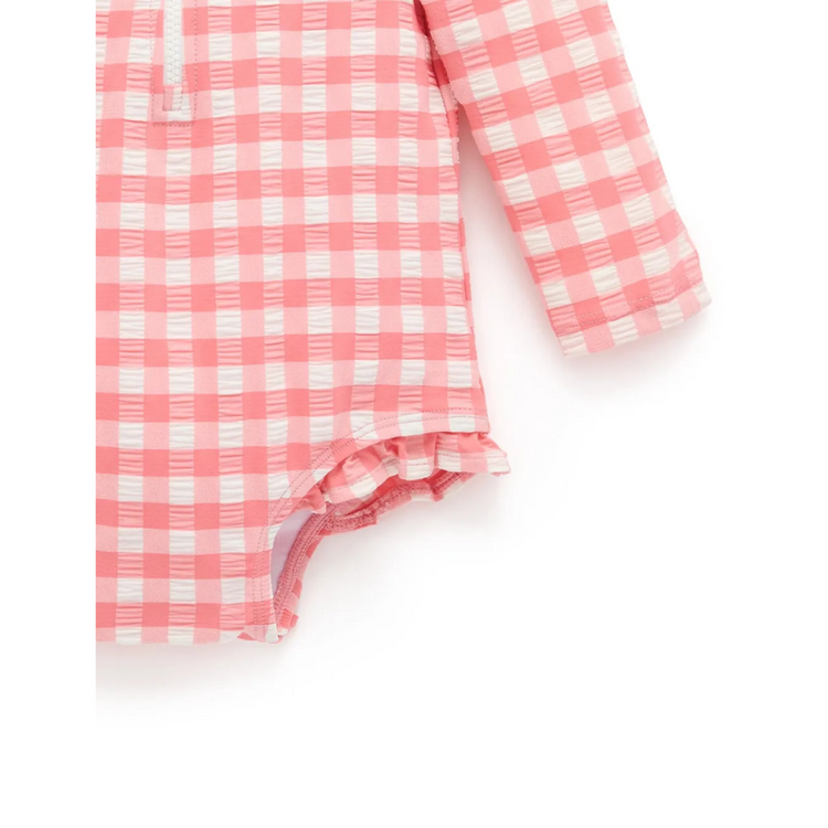 Purebaby Organic Long Sleeve Swimsuit - Pomegranate Gingham Frilly