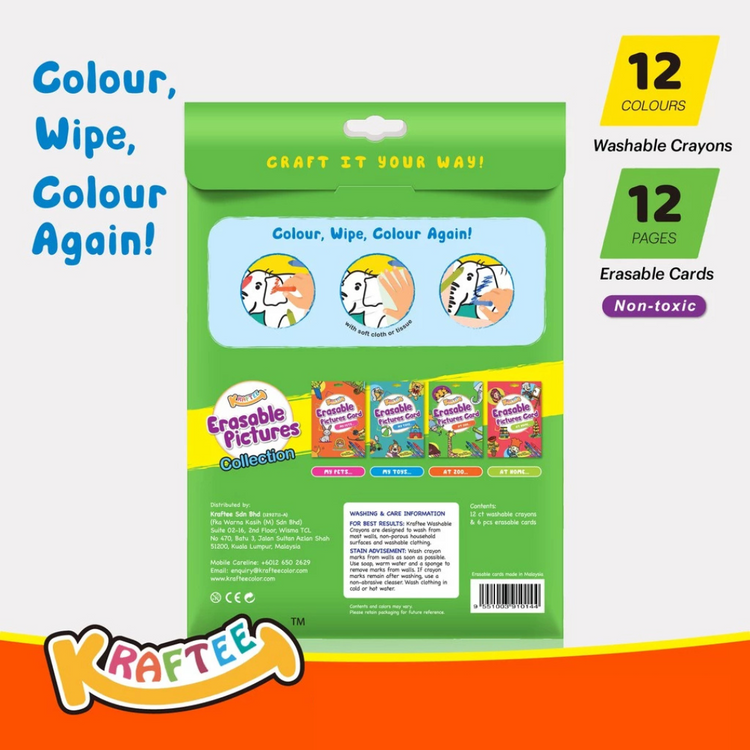 Kraftee Erasable Pictures Card - At Zoo with 12ct Washable Crayons