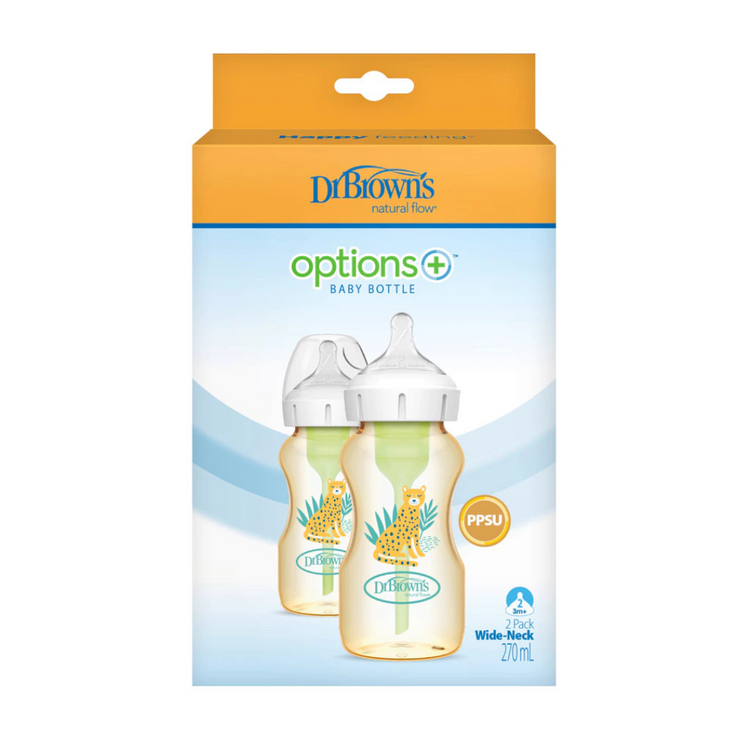 Dr Brown's Anti-Colic Options+ PPSU Wide Neck Bottle 270ml 2Pc - Cheetah / Level 2 Teat
