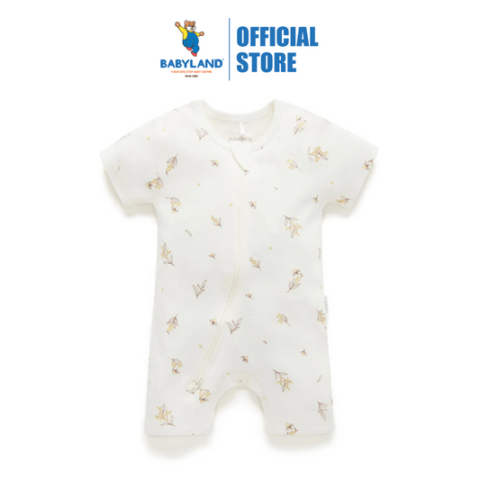 Purebaby Organic Short Leg Zip Growsuit Romper Unisex - Vanilla Wattle Bee
