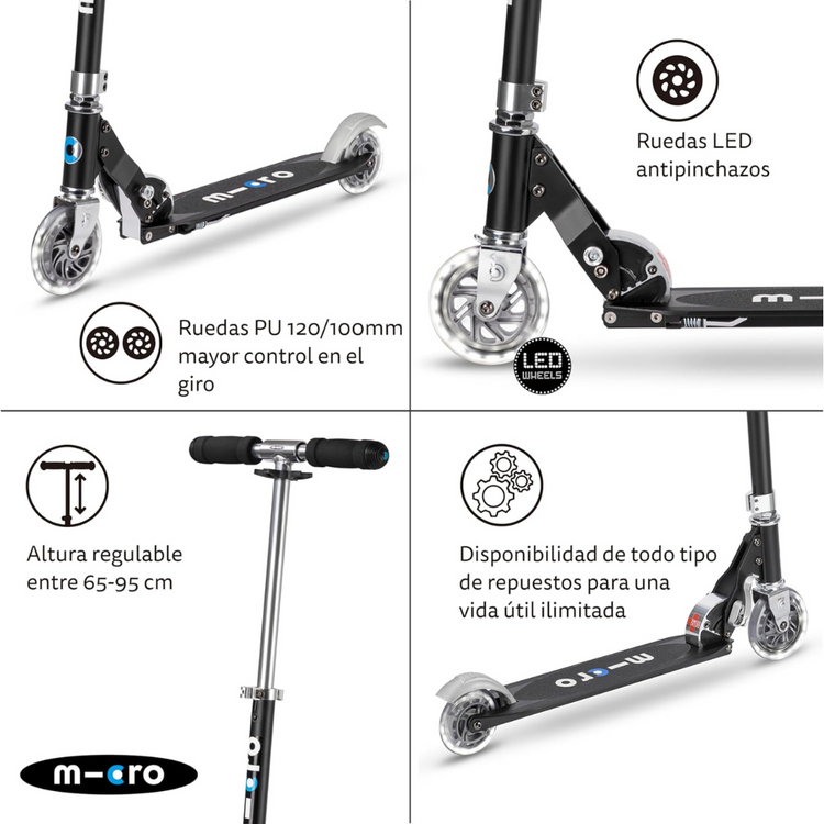 Micro Sprite LED Black (5Y+) 2-wheel foldable scooter