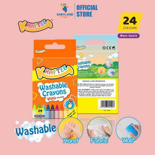 Kraftee 24CT Washable Crayons For Kid Children Art Creativity - Non-Toxic - Back to School