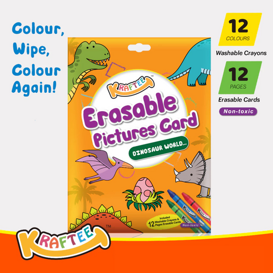 Kraftee Erasable Pictures Card - Dinasaur World With 12ct Washable Crayons