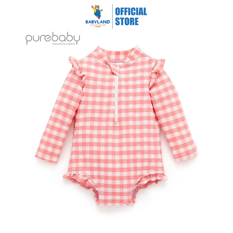 Purebaby Organic Long Sleeve Swimsuit - Pomegranate Gingham Frilly