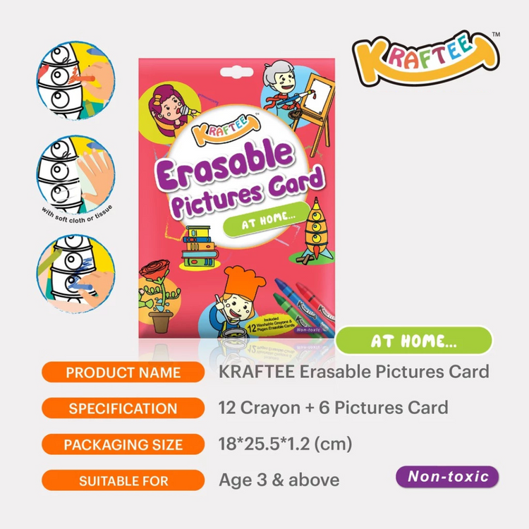 Kraftee Erasable Pictures Card - At Home with 12ct Washable Crayons