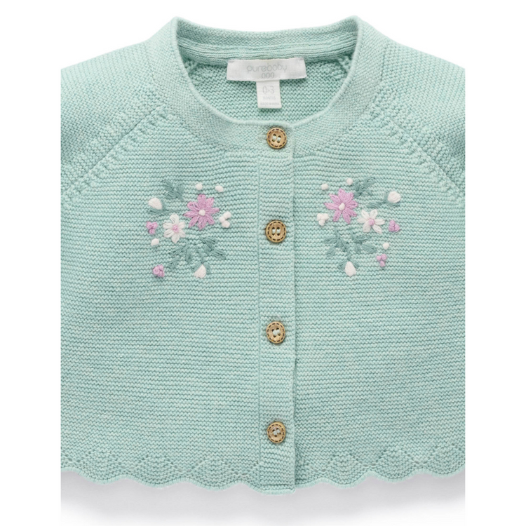 Purebaby Organic Hand Embroidered Cardigan - Sage Melange