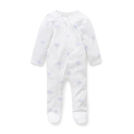 Purebaby Organic Zip Growsuit - Pale Blue Tree Print