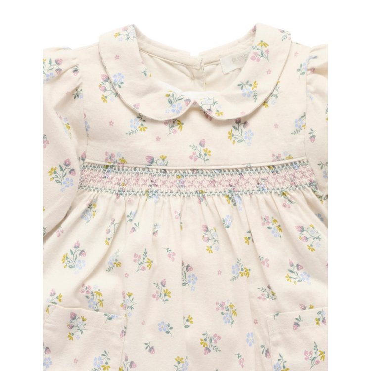 Purebaby Organic Baby Kids Smocked Dress - Wheat Strawberry Blossom Print
