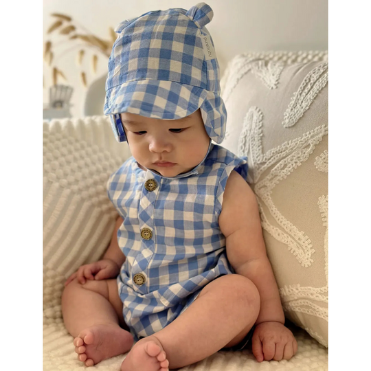 Purebaby Organic Ocean Gingham Linen Blend Romper