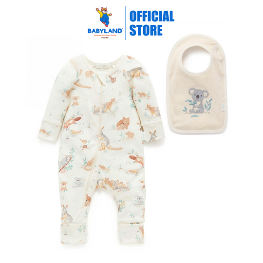 Purebaby Organic Bush Babies 2 Pack Zip Growsuit & Reversible BibÂ