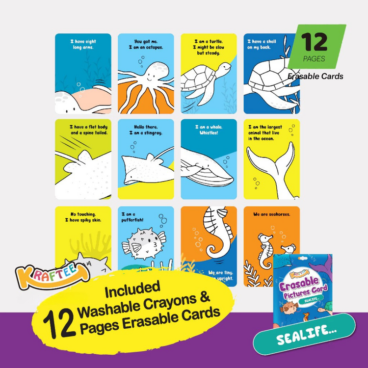 Kraftee Erasable Pictures Card - Sealife with 12ct Washable Crayons