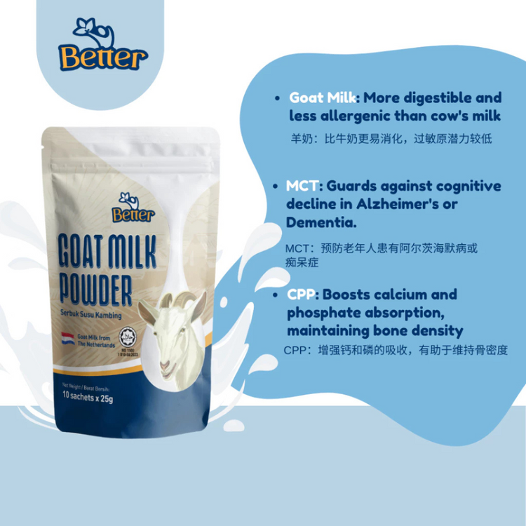 (HALAL) Better Premium Goat Milk Powder 25g x 10 sachets. Boosting Energy Level, Focus and Memory