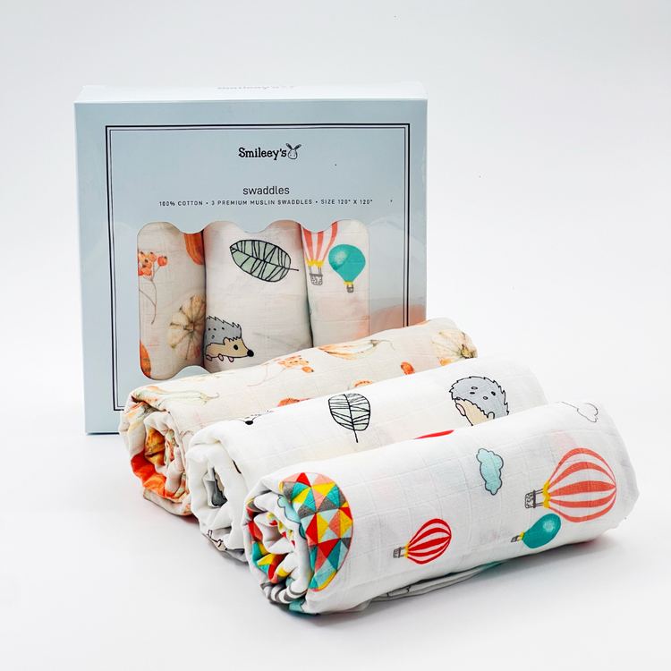 Smileey's 100% Cotton Muslin Swaddle 120x120 Assorted