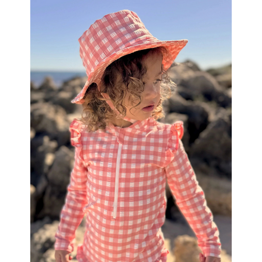 Purebaby Organic Broad Brim Swim Hat - Coral Gingham