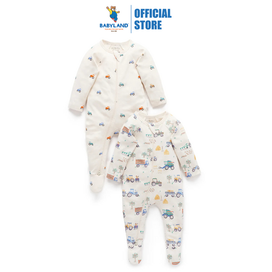 Purebaby Organic Farm Vehicles 2 Pack Zip Growsuit