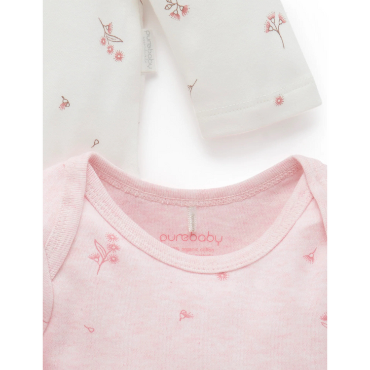 Purebaby 2 Pack Organic Easy Neck Long Sleeve Bodysuit - Pale Pink Blossom