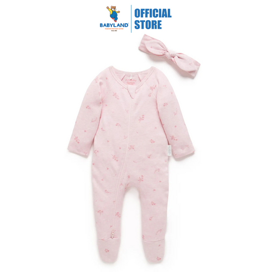 Purebaby Organic Zip Growsuit & Headband Pack - Pale Pink Blossom