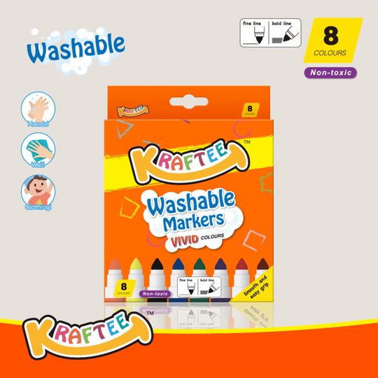 Kraftee 8CT Washable Markers for Kid Children Art Creativity - Non-Toxic - Back to School
