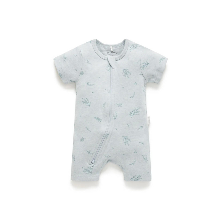 Purebaby Organic Baby Short Leg Zip Growsuit Romper - Mint Eucalyptus (0-3M)