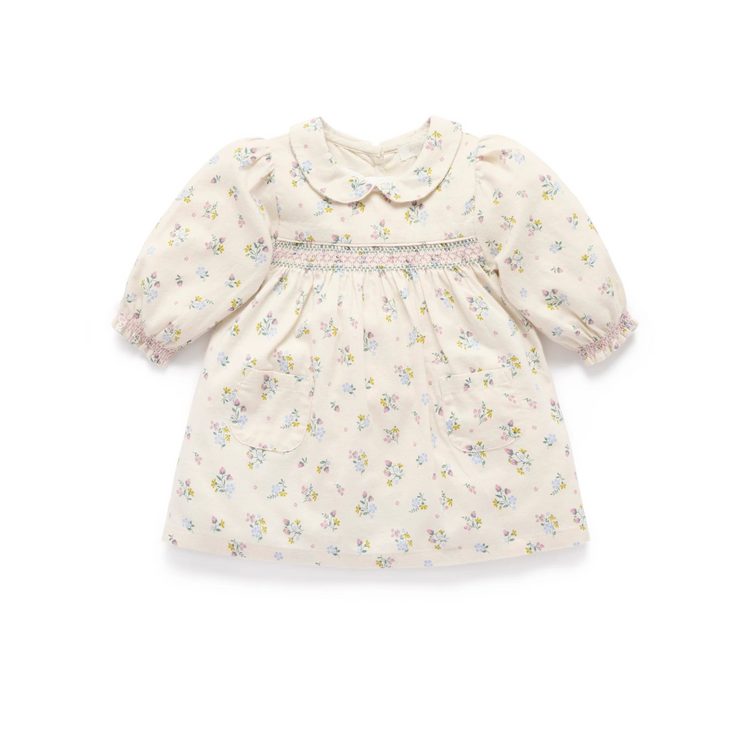 Purebaby Organic Baby Kids Smocked Dress - Wheat Strawberry Blossom Print