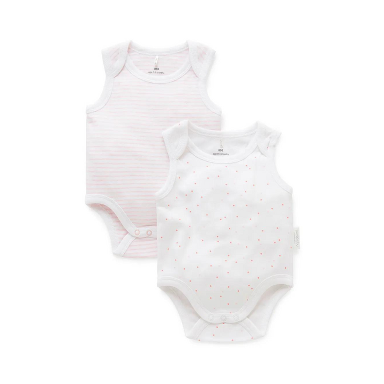 Purebaby 2 Pack Organic Singlet Bodysuit - Pale Pink Pack (Stripe / Polka Dot)
