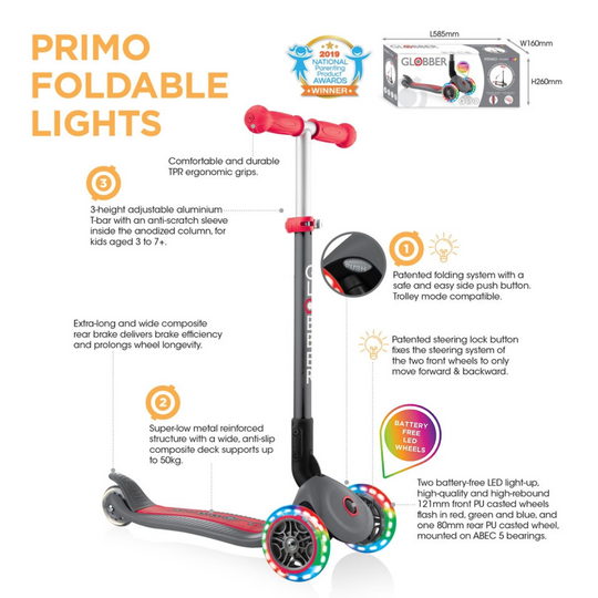 Globber 432-120-2 Primo Foldable Lights Scooter For Kids Age 3+ Up To 50Kg - Grey Red with Anodized T-bar