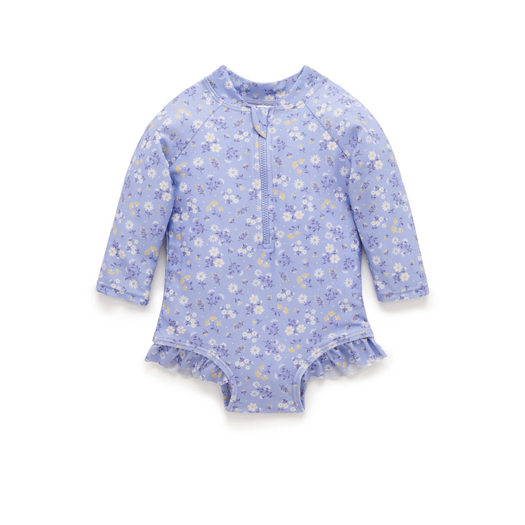 Purebaby Organic Long Sleeve Swimsuit Blue Daisy Print