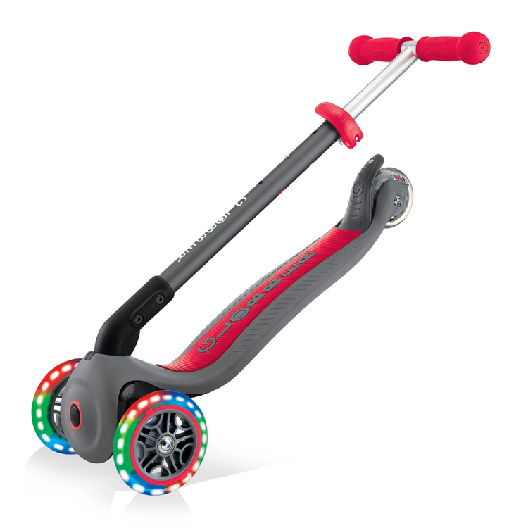 Globber 432-120-2 Primo Foldable Lights Scooter For Kids Age 3+ Up To 50Kg - Grey Red with Anodized T-bar