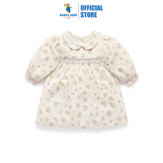 Purebaby Organic Baby Kids Smocked Dress - Wheat Strawberry Blossom Print