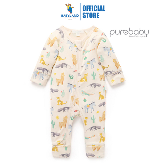 Purebaby Organic Kids Zip Growsuit - Animal Fiesta
