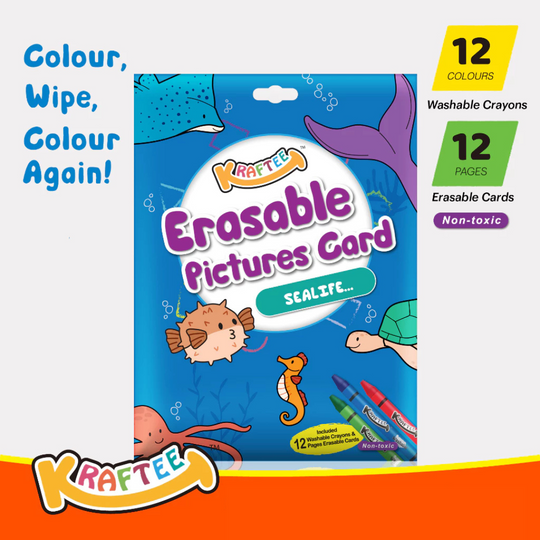 Kraftee Erasable Pictures Card - Sealife with 12ct Washable Crayons