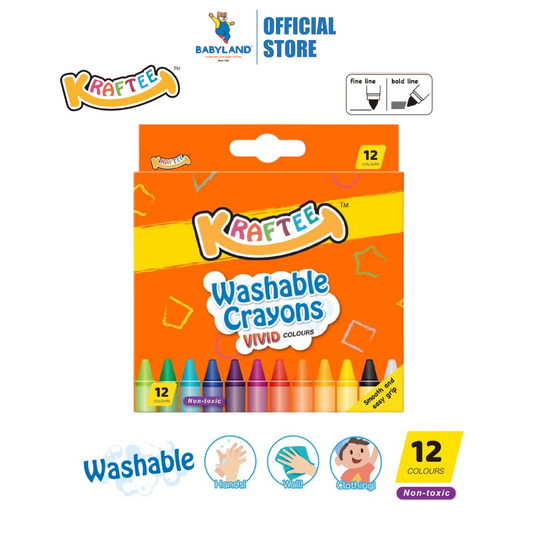 Kraftee 12CT Washable Crayons For Kid Children Art Creativity - Non-Toxic - Back to School
