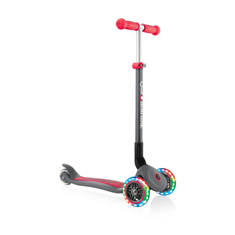Globber 432-120-2 Primo Foldable Lights Scooter For Kids Age 3+ Up To 50Kg - Grey Red with Anodized T-bar
