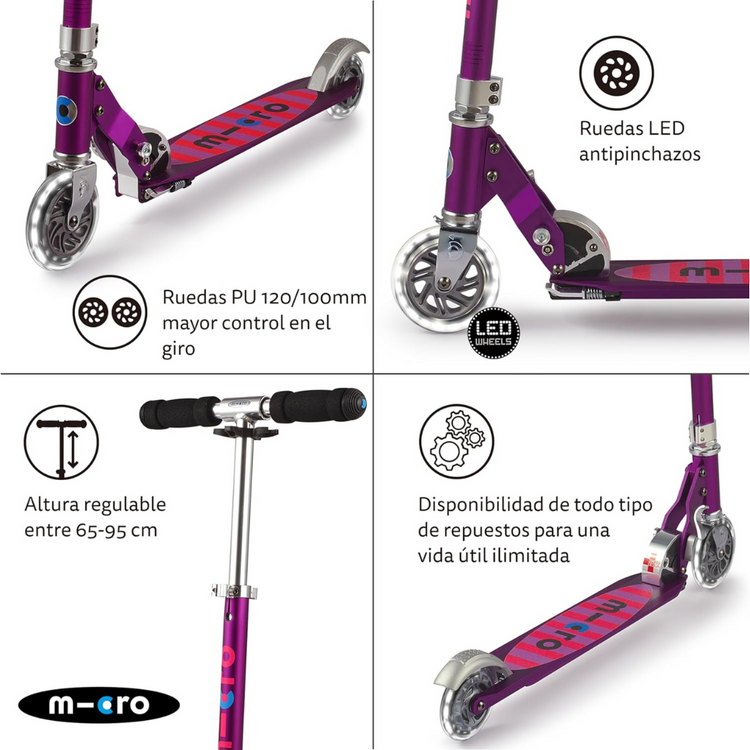 Micro Sprite LED Purple Stripe (5y+) 2-wheel foldable scooter