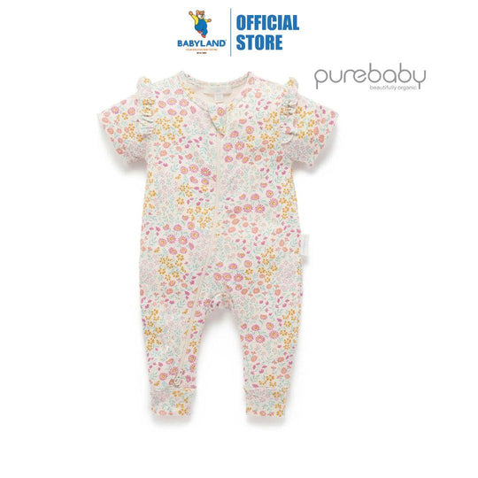 Purebaby Organic Garden Petals Print Baby Kids Printed Zip Growsuit