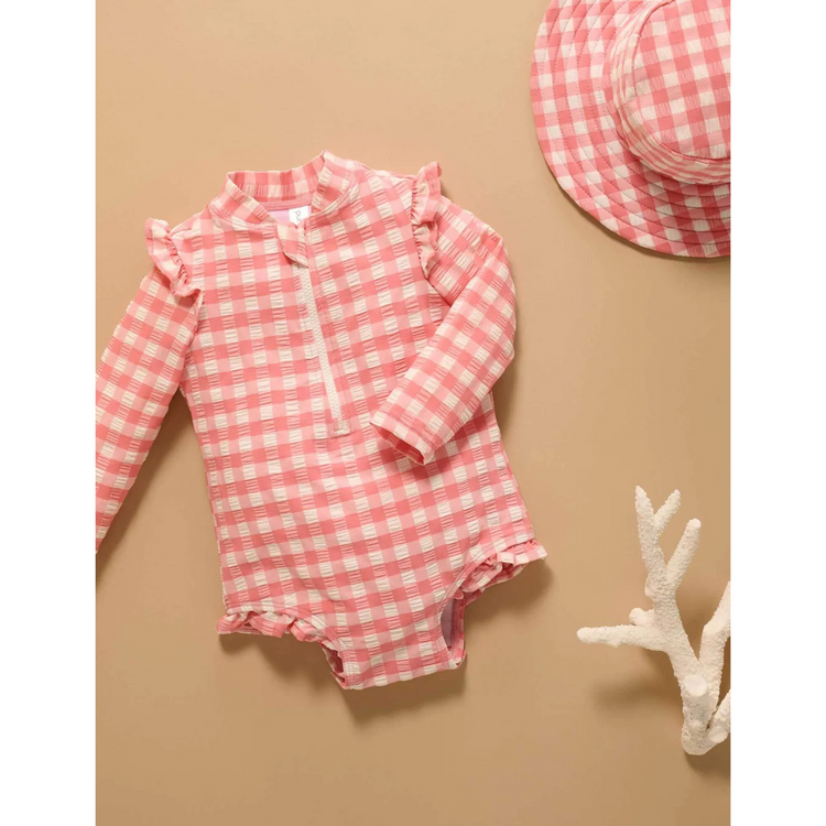 Purebaby Organic Long Sleeve Swimsuit - Pomegranate Gingham Frilly