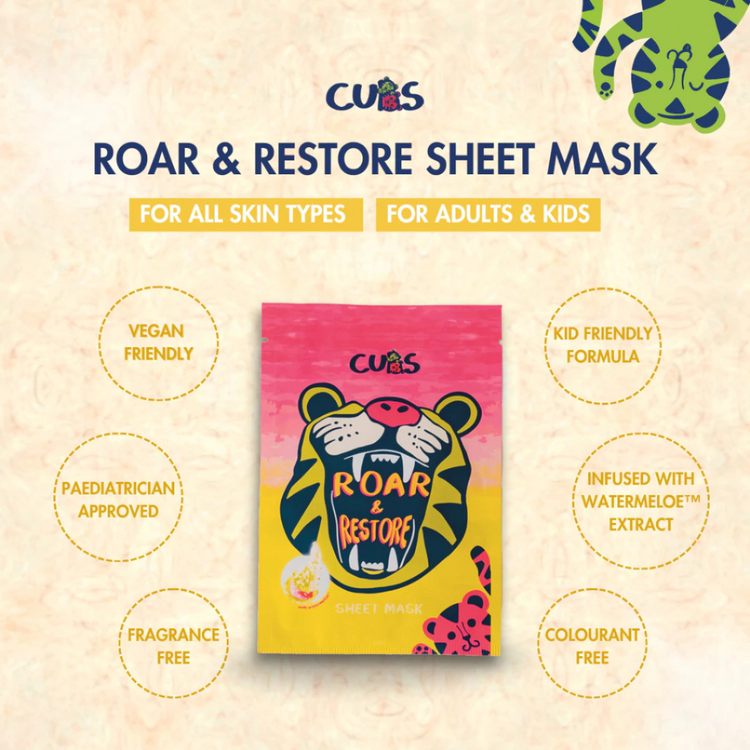 CUBS Roar & Restore Sheet Mask - gentle and hydrating sheet mask formulated with WatermeloeTM
