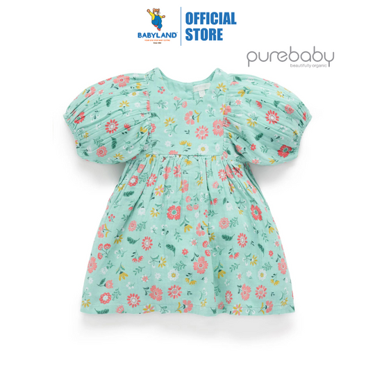 Purebaby Organic Guava Floral Gathered Dress
