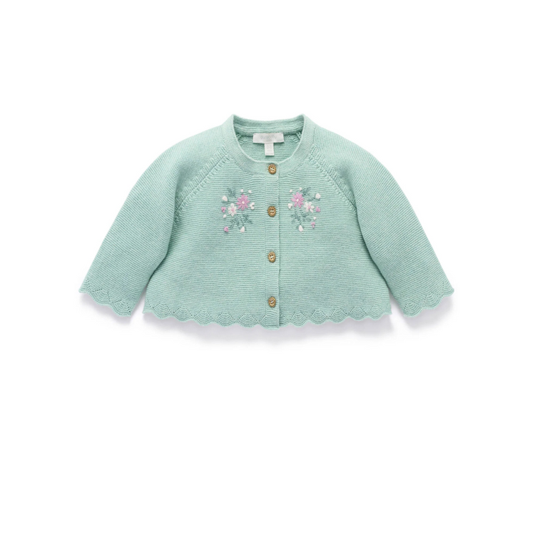 Purebaby Organic Hand Embroidered Cardigan - Sage Melange