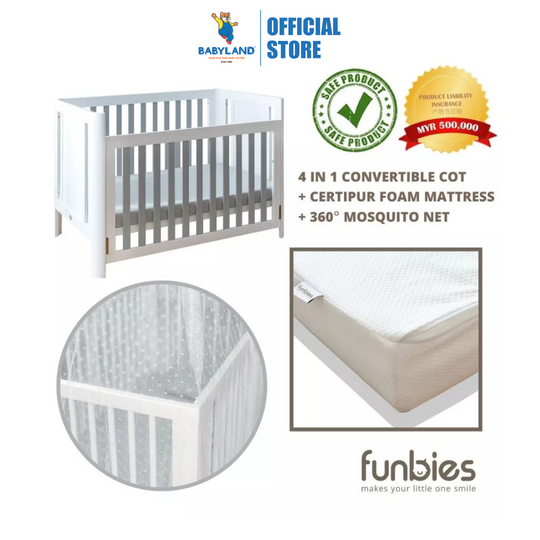 Funbies Joyce Baby Cot Set (White + Grey) (70 x 130cm) | 4in1 Baby Cot