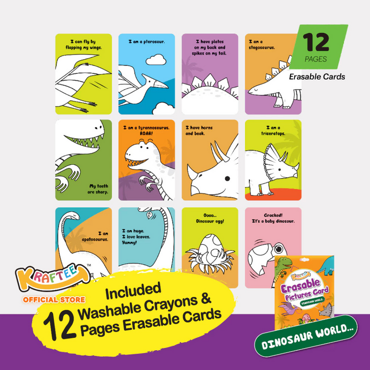 Kraftee Erasable Pictures Card - Dinasaur World With 12ct Washable Crayons
