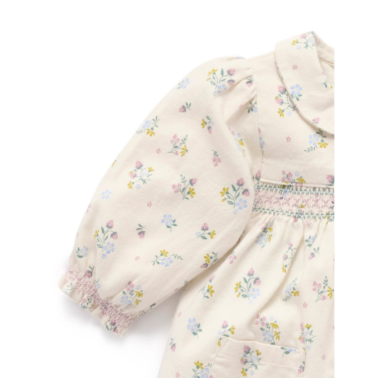 Purebaby Organic Baby Kids Smocked Dress - Wheat Strawberry Blossom Print