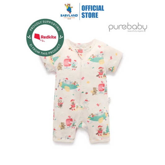 Purebaby Organic Short Sleeve Zip Growsuit - Christmas Wishes Print