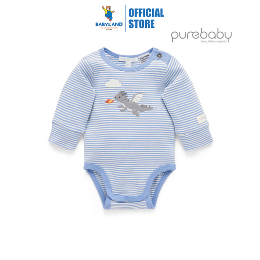 Purebaby Organic Dragon Applique Bodysuit - Pond Mini Stripe Print