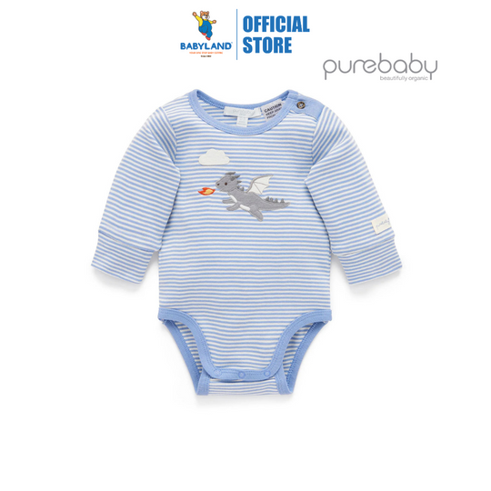 Purebaby Organic Dragon Applique Bodysuit - Pond Mini Stripe Print