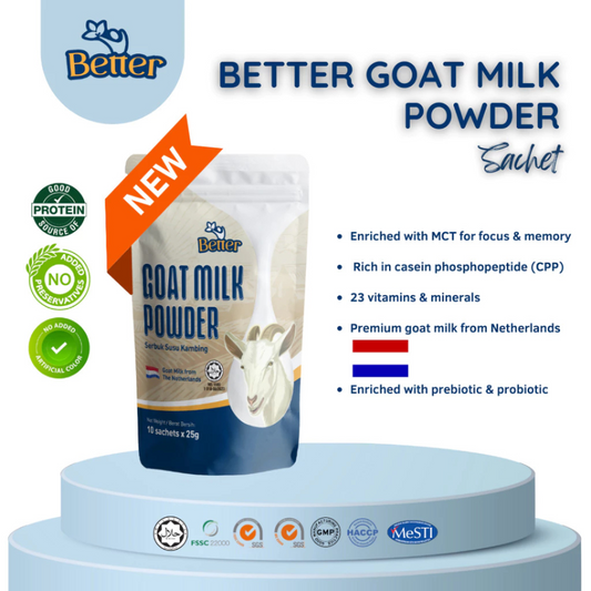 (HALAL) Better Premium Goat Milk Powder 25g x 10 sachets. Boosting Energy Level, Focus and Memory