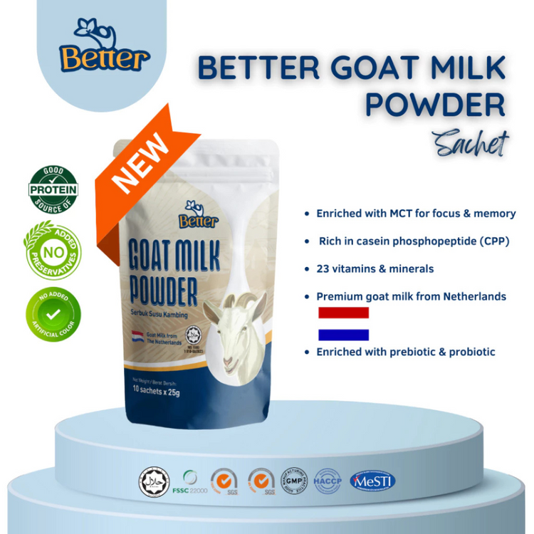(HALAL) Better Premium Goat Milk Powder 25g x 10 sachets. Boosting Energy Level, Focus and Memory